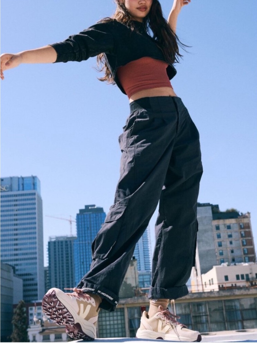 FP Movement “Mesmerize Me” Wide-Leg Black Cargo Pant with Pockets by Free People
